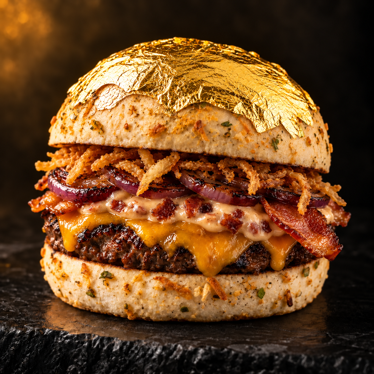 Hambúrguer Dubai no pão temperado, com folha de ouro